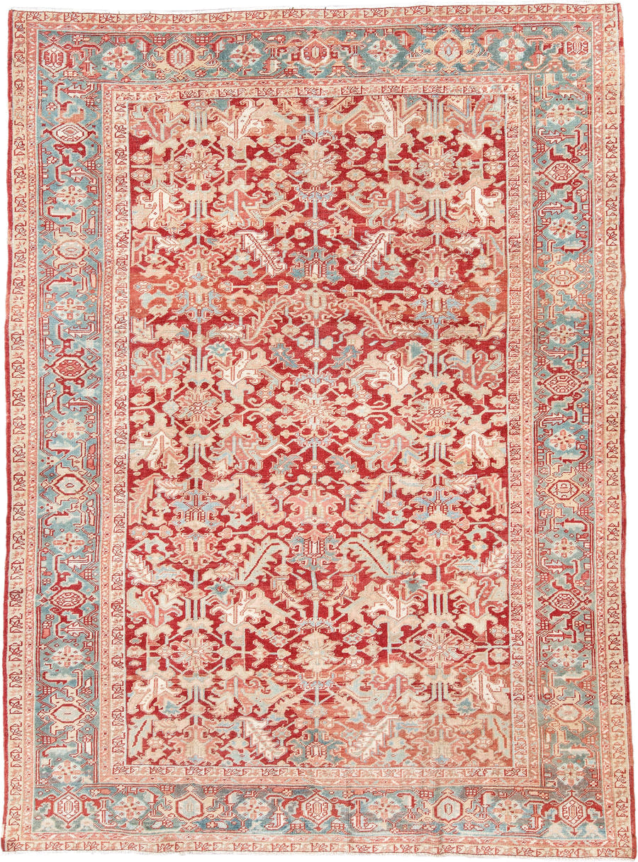 7' x 10' one-of-a-kind handmade antique Heriz large size rug. Color palette: rust, ivory, sky blue, coral, brick, cream