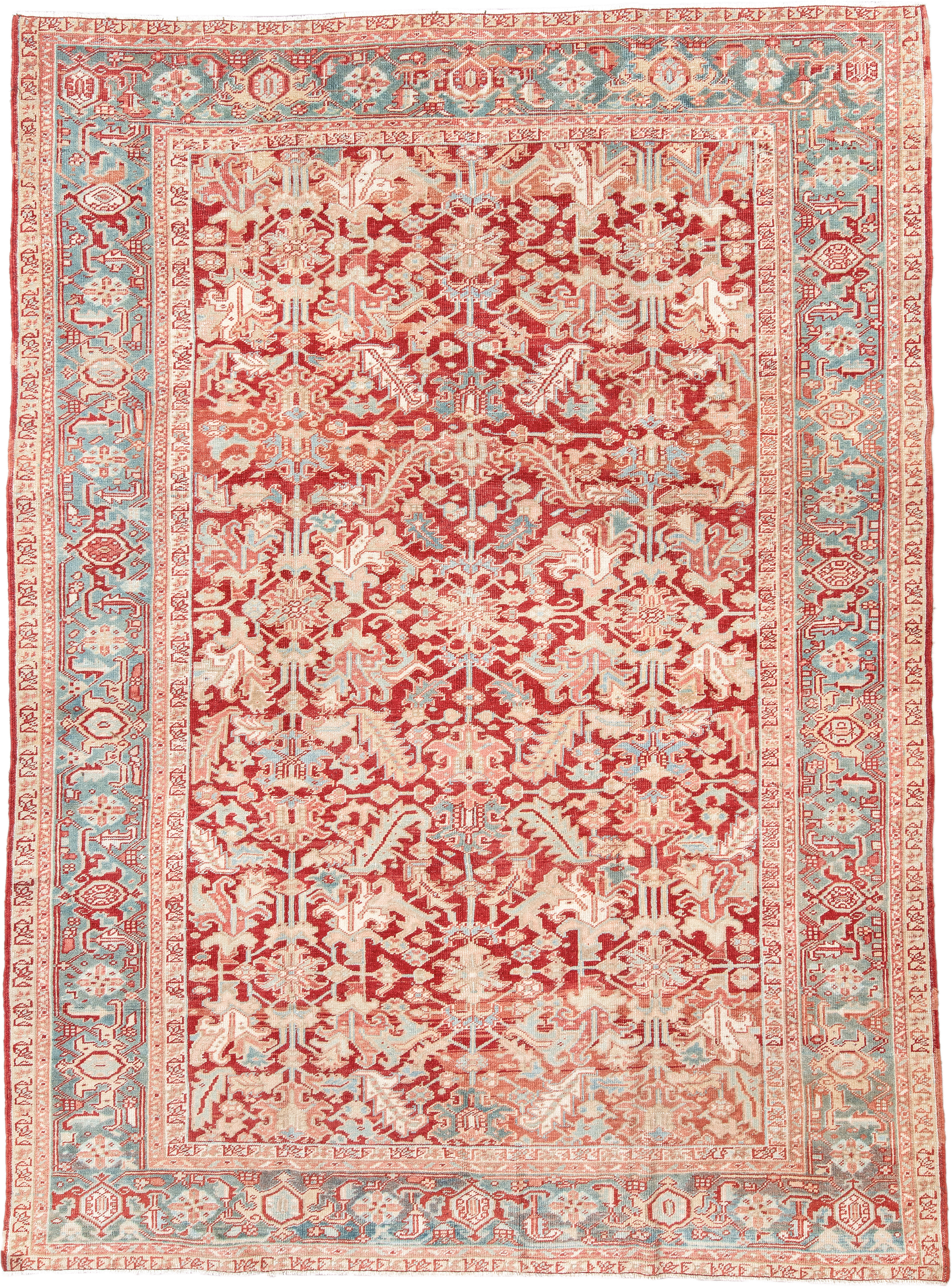 7' x 10' one-of-a-kind handmade antique Heriz large size rug. Color palette: rust, ivory, sky blue, coral, brick, cream