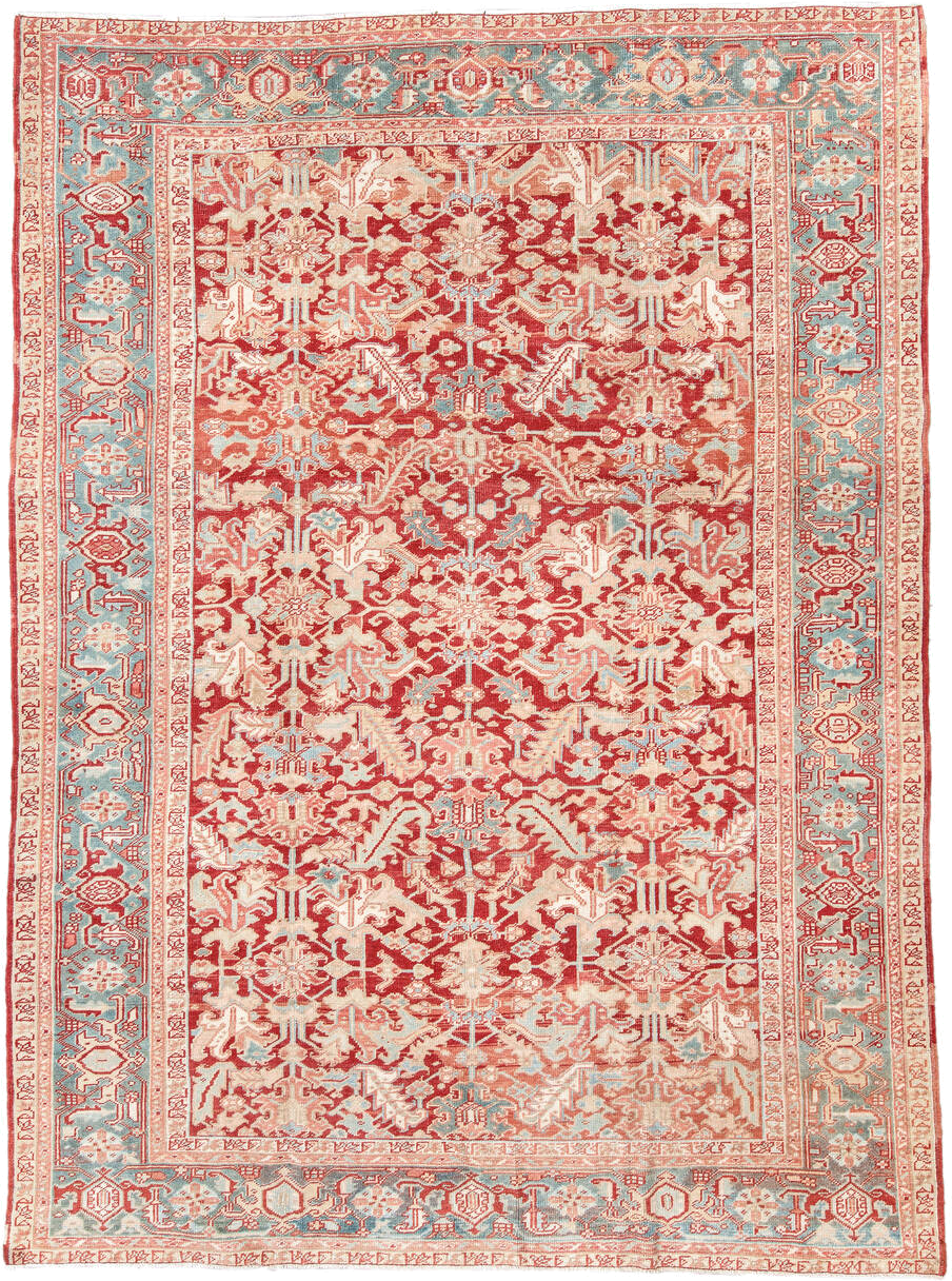 7' x 10' one-of-a-kind handmade antique Heriz large size rug. Color palette: rust, ivory, sky blue, coral, brick, cream