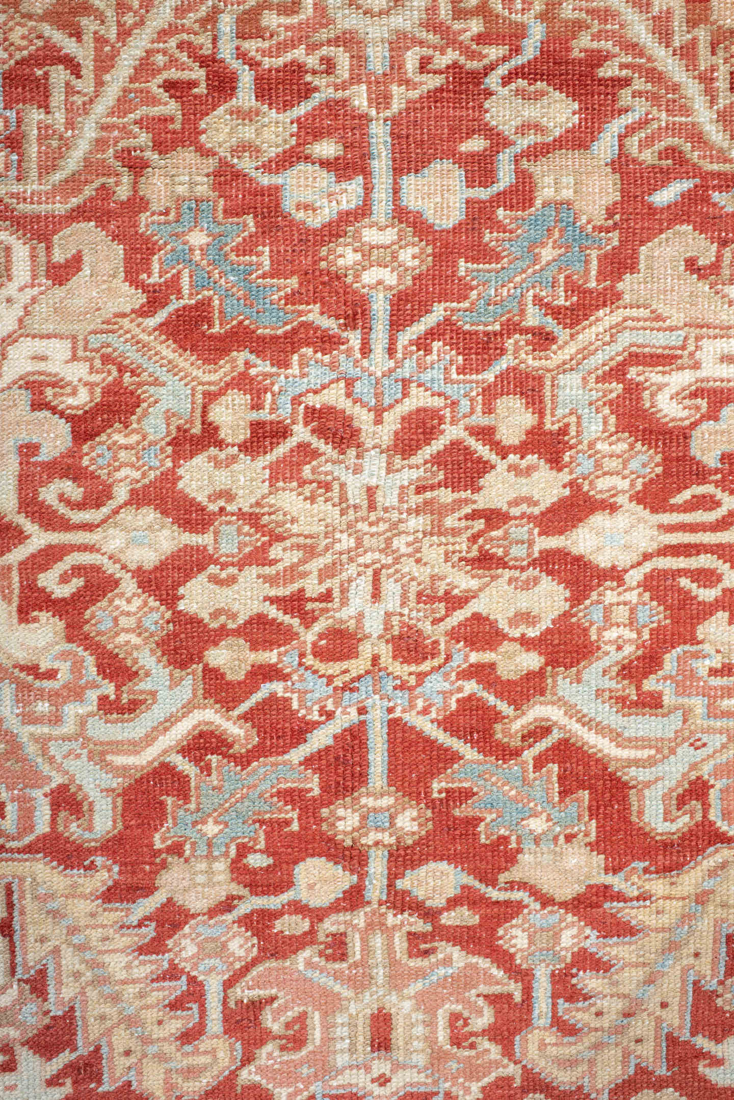 7' x 10' one-of-a-kind handmade antique Heriz large size rug. Color palette: rust, ivory, sky blue, coral, brick, cream