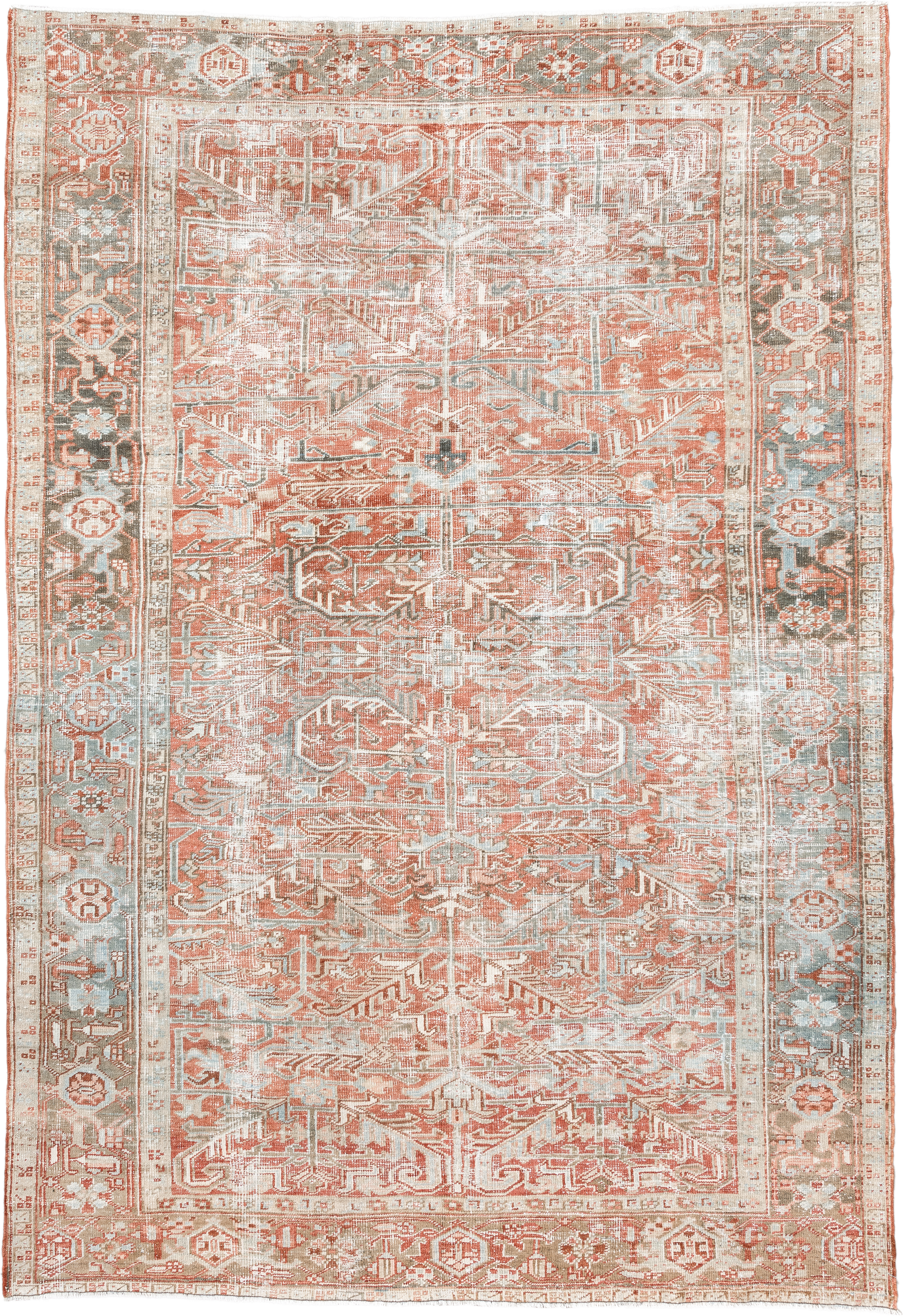 7' x 10' one-of-a-kind handmade vintage Heriz large size rug. Color palette: ivory, terra cotta, pale blue, sage, taupe