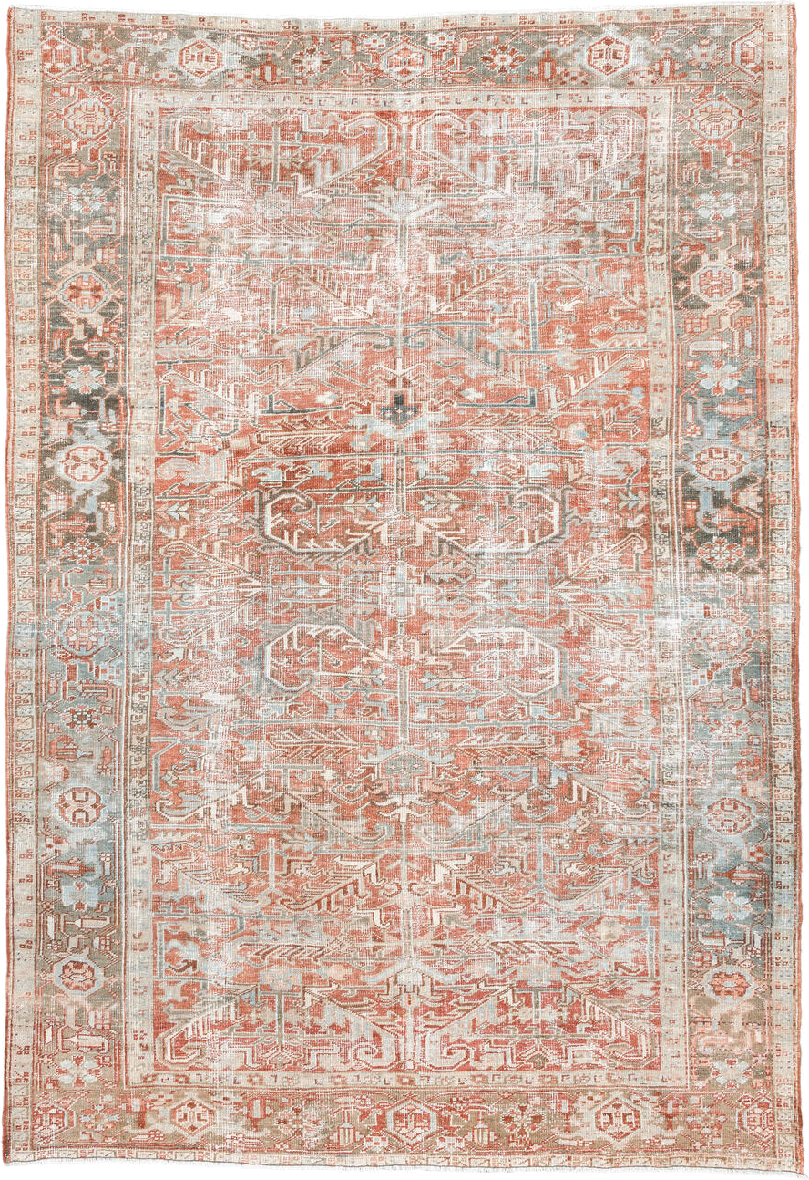 7' x 10' one-of-a-kind handmade vintage Heriz large size rug. Color palette: ivory, terra cotta, pale blue, sage, taupe