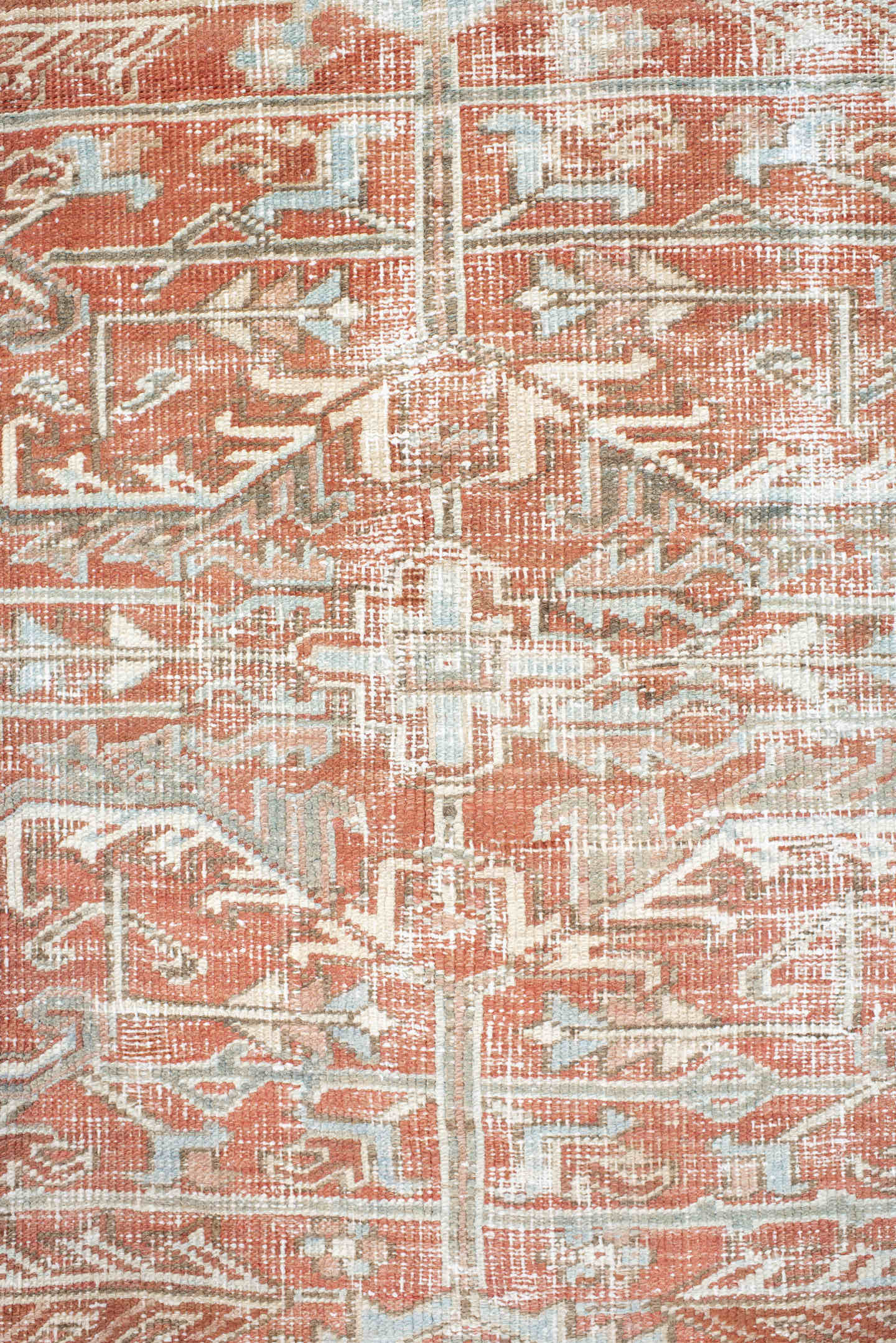 7' x 10' one-of-a-kind handmade vintage Heriz large size rug. Color palette: ivory, terra cotta, pale blue, sage, taupe