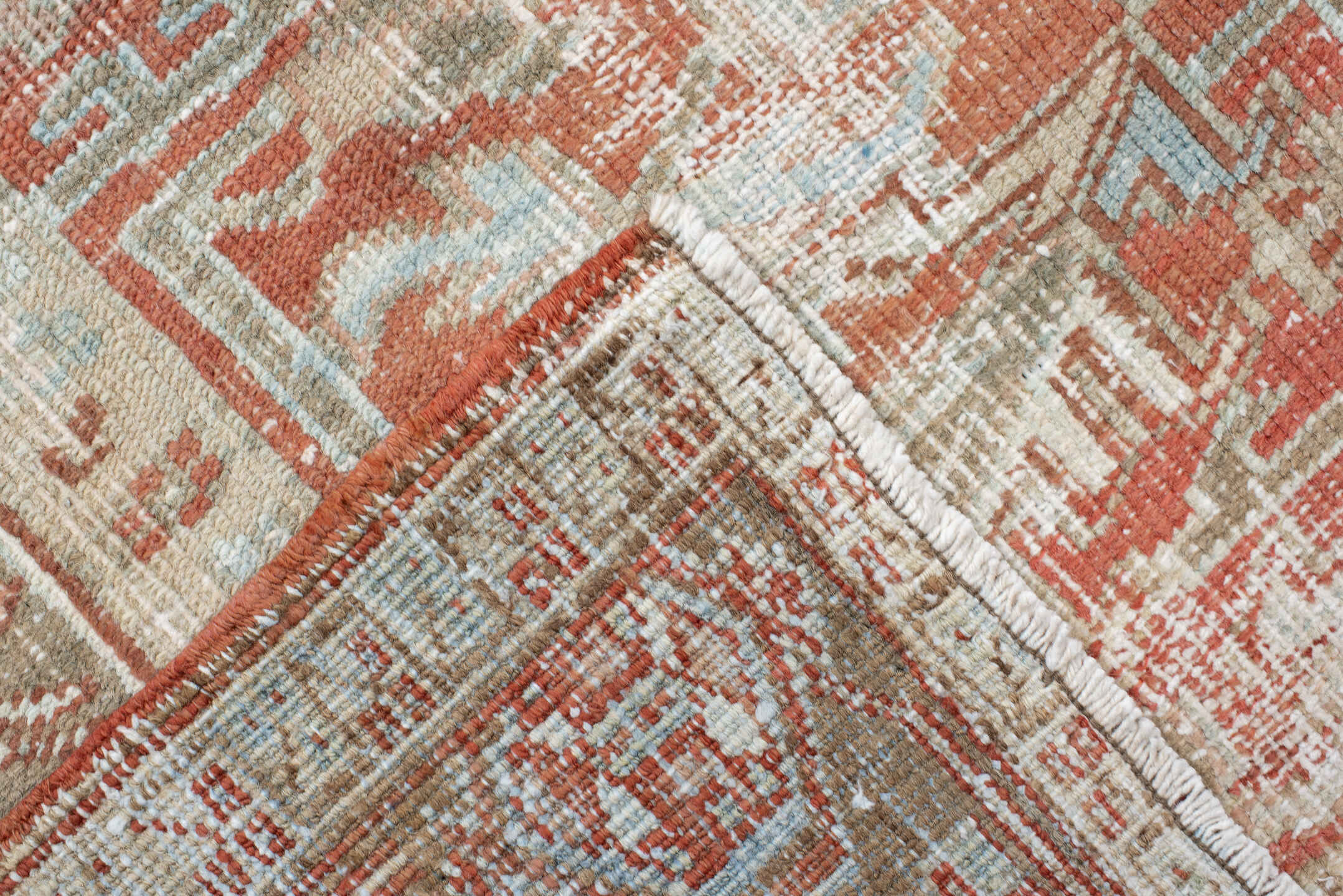 7' x 10' one-of-a-kind handmade vintage Heriz large size rug. Color palette: ivory, terra cotta, pale blue, sage, taupe