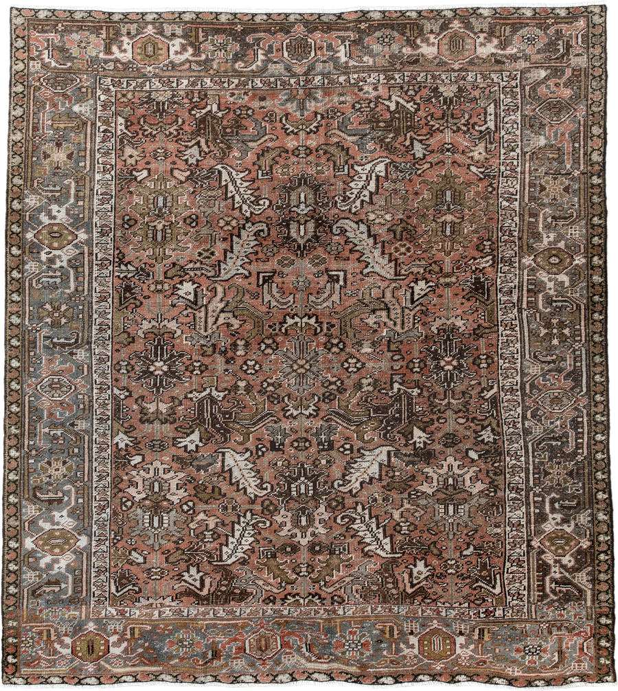 7' x 8' one-of-a-kind handmade antique Heriz rug. Color palette: terra cotta, slate, ivory, taupe, charcoal, olive, rust
