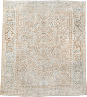 7' x 8' one-of-a-kind handmade antique Heriz rug. Color palette: ivory, taupe, pale blue, sand, beige, camel, gray
