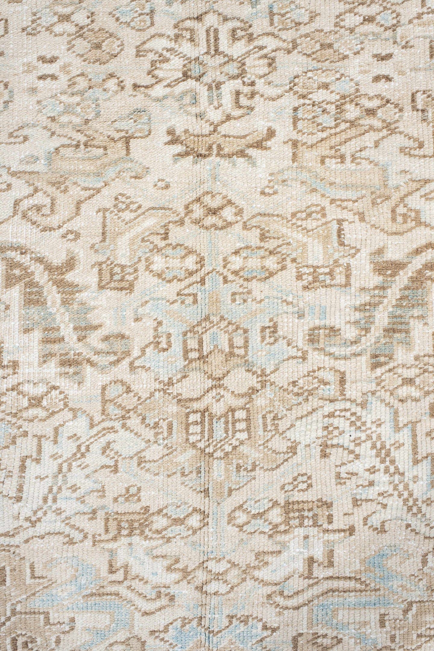 7' x 8' one-of-a-kind handmade antique Heriz rug. Color palette: ivory, taupe, pale blue, sand, beige, camel, gray