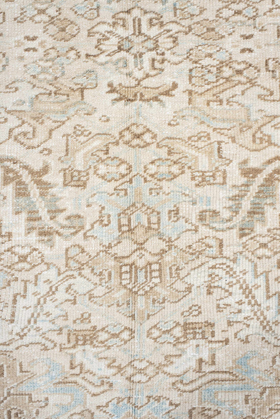 7' x 8' one-of-a-kind handmade antique Heriz rug. Color palette: ivory, taupe, pale blue, sand, beige, camel, gray