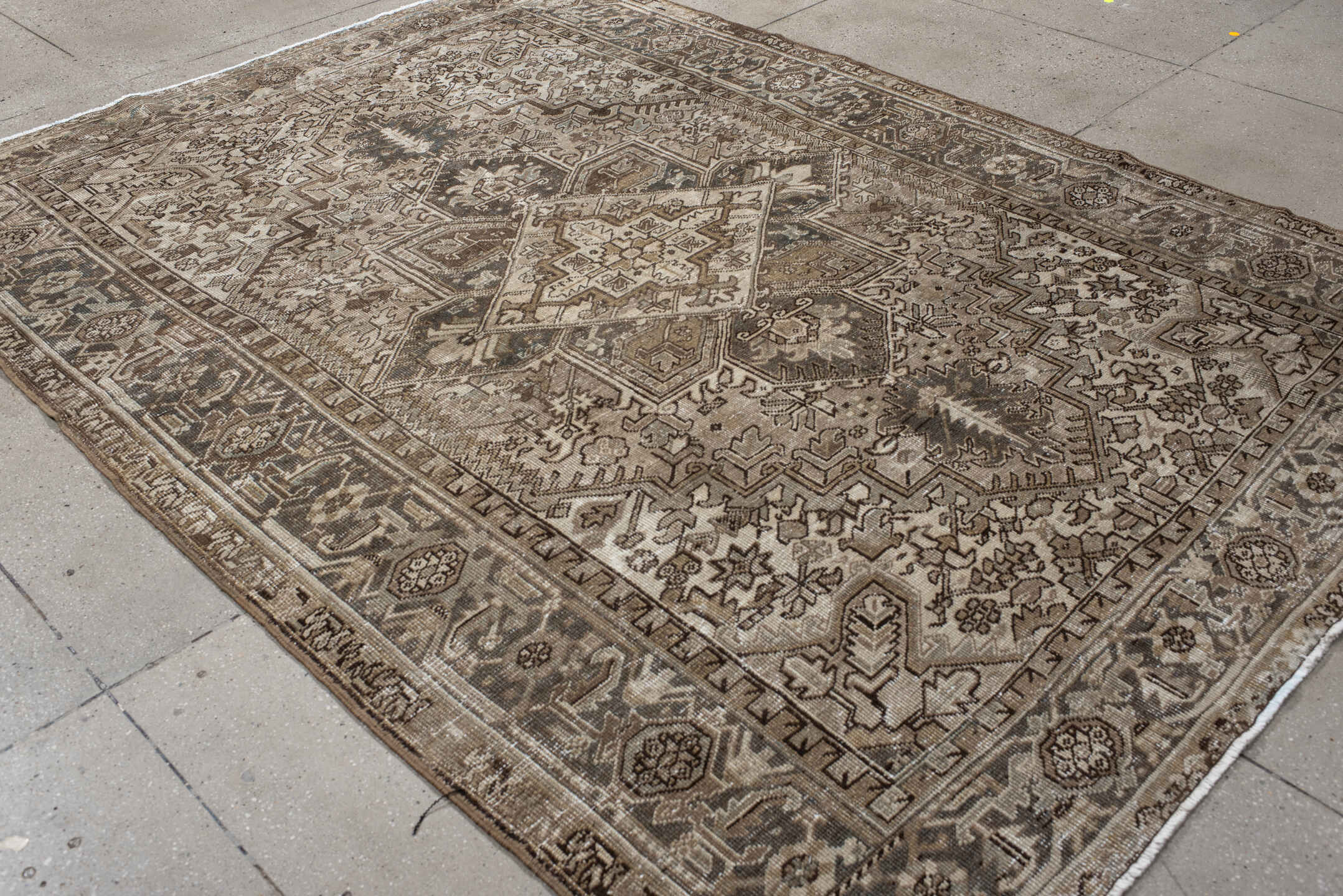6' x 9' one-of-a-kind handmade antique Heriz rug. Color palette: ivory, taupe, camel, charcoal, brown, sage, beige, gray