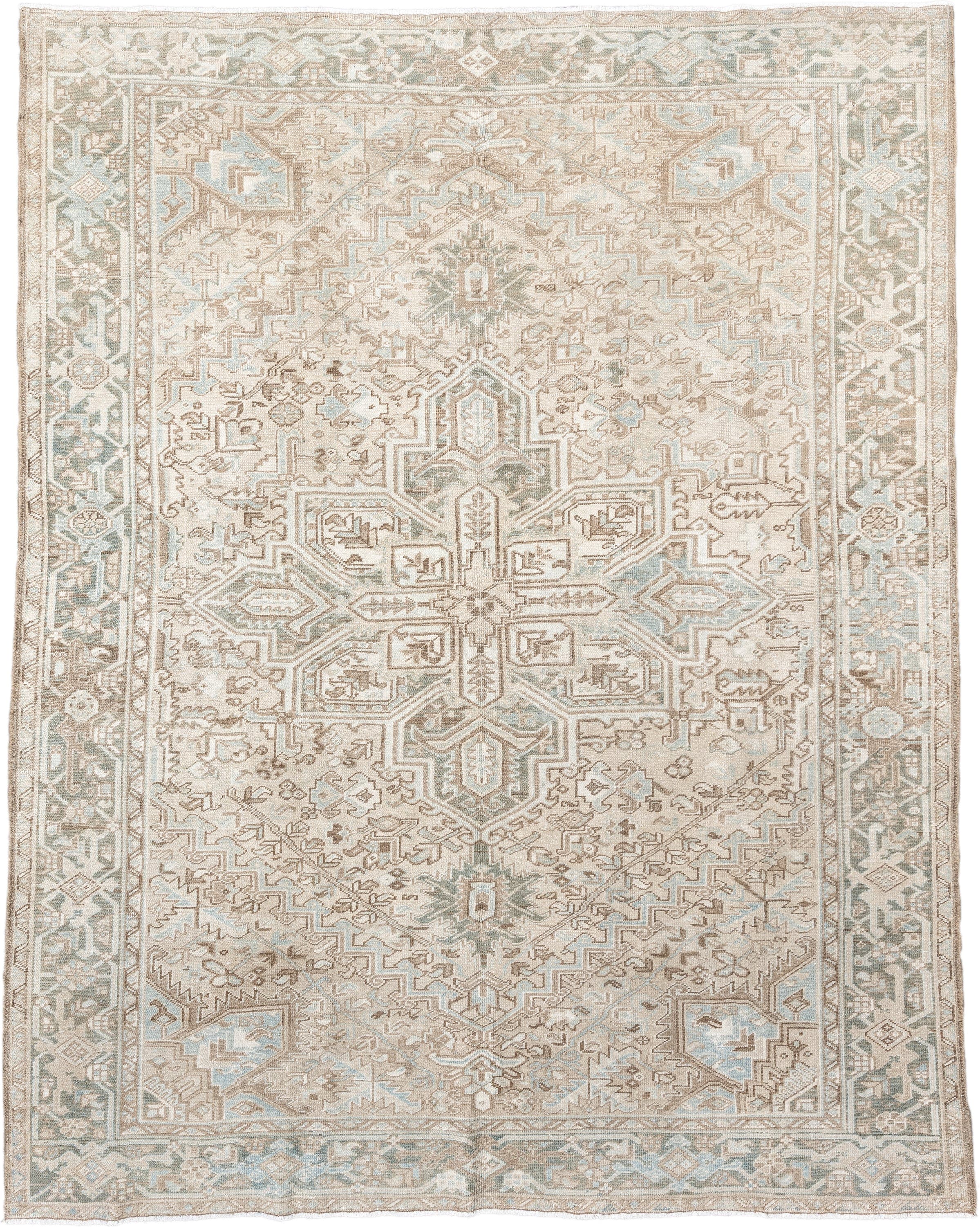 8' x 10' one-of-a-kind handmade antique Heriz large size rug. Color palette: ivory, taupe, pale_blue, sage, beige, camel