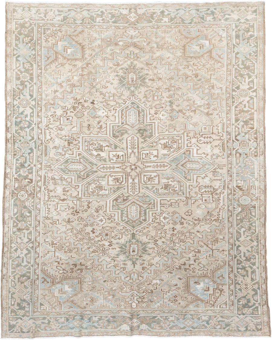8' x 10' one-of-a-kind handmade antique Heriz large size rug. Color palette: ivory, taupe, pale_blue, sage, beige, camel
