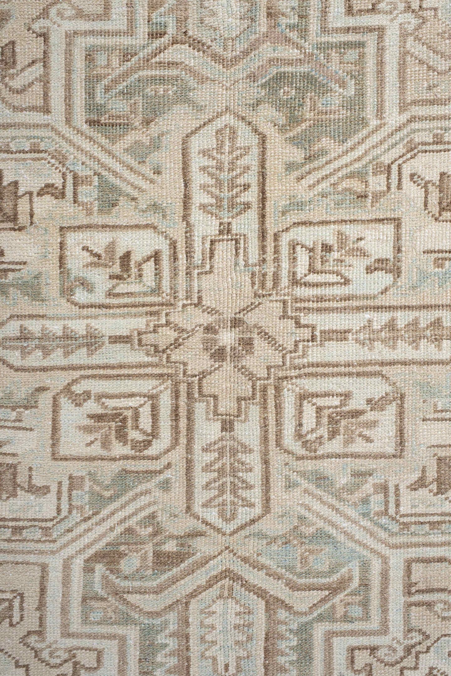 8' x 10' one-of-a-kind handmade antique Heriz large size rug. Color palette: ivory, taupe, pale_blue, sage, beige, camel
