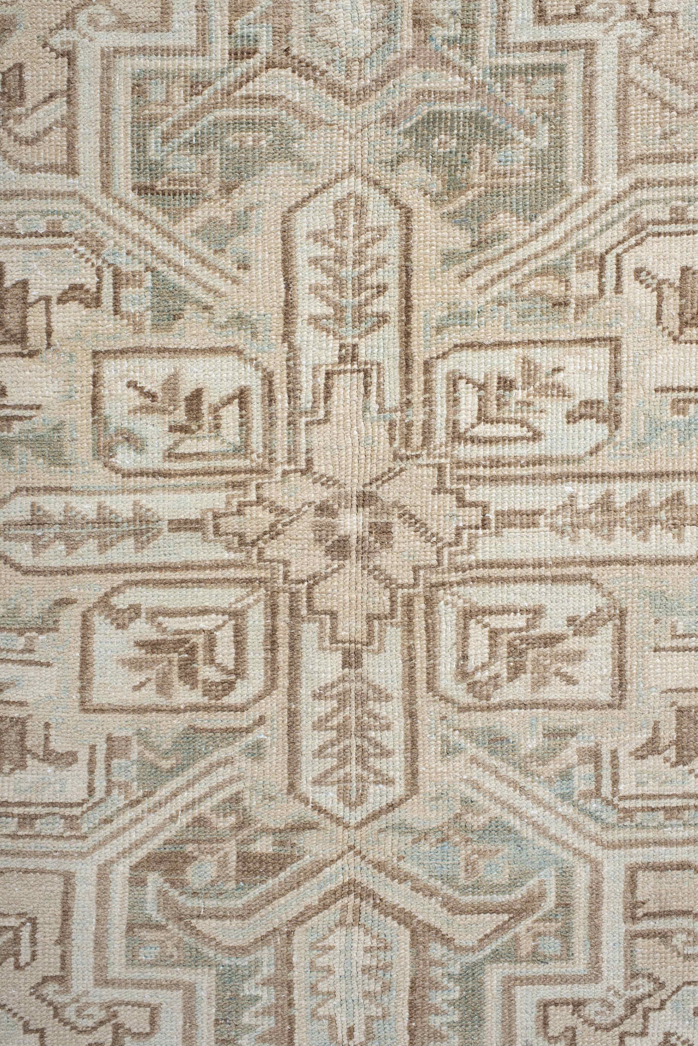 8' x 10' one-of-a-kind handmade antique Heriz large size rug. Color palette: ivory, taupe, pale_blue, sage, beige, camel