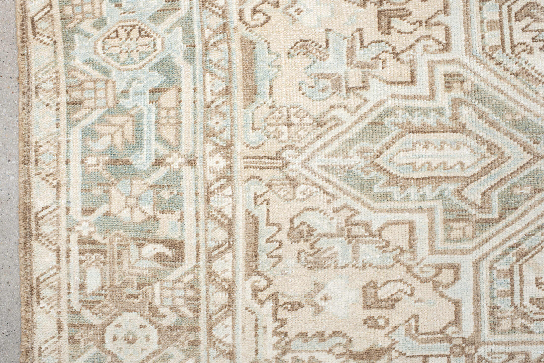 8' x 10' one-of-a-kind handmade antique Heriz large size rug. Color palette: ivory, taupe, pale_blue, sage, beige, camel