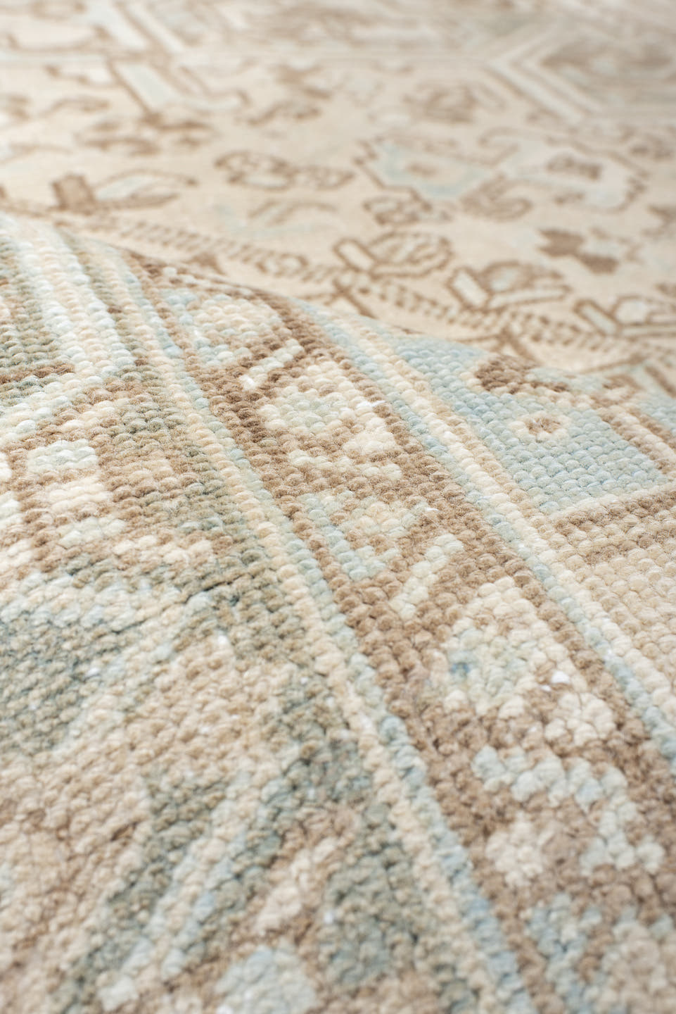8' x 10' one-of-a-kind handmade antique Heriz large size rug. Color palette: ivory, taupe, pale_blue, sage, beige, camel