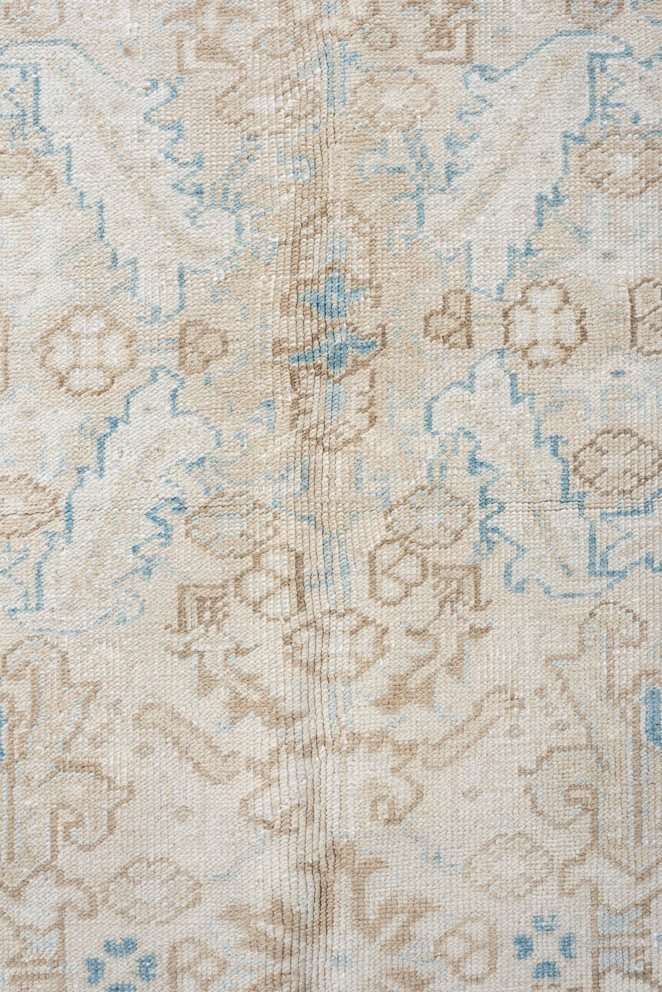 6' x 7' one-of-a-kind handmade vintage Heriz medium size rug. Color palette: ivory, taupe, sky blue, beige, camel