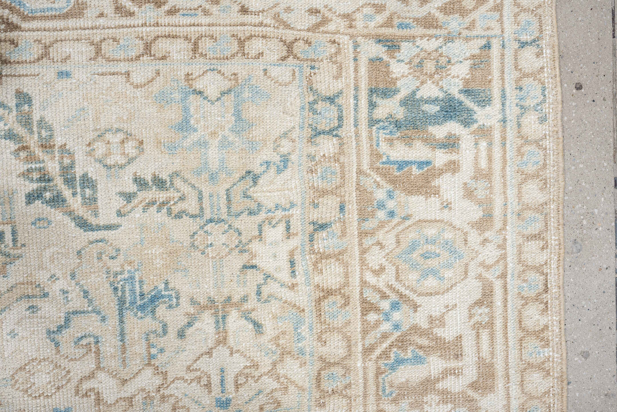 6' x 7' one-of-a-kind handmade vintage Heriz medium size rug. Color palette: ivory, taupe, sky blue, beige, camel