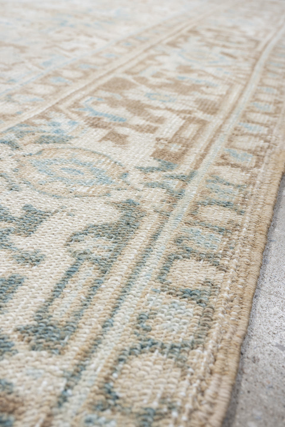 6' x 7' one-of-a-kind handmade vintage Heriz medium size rug. Color palette: ivory, taupe, sky blue, beige, camel