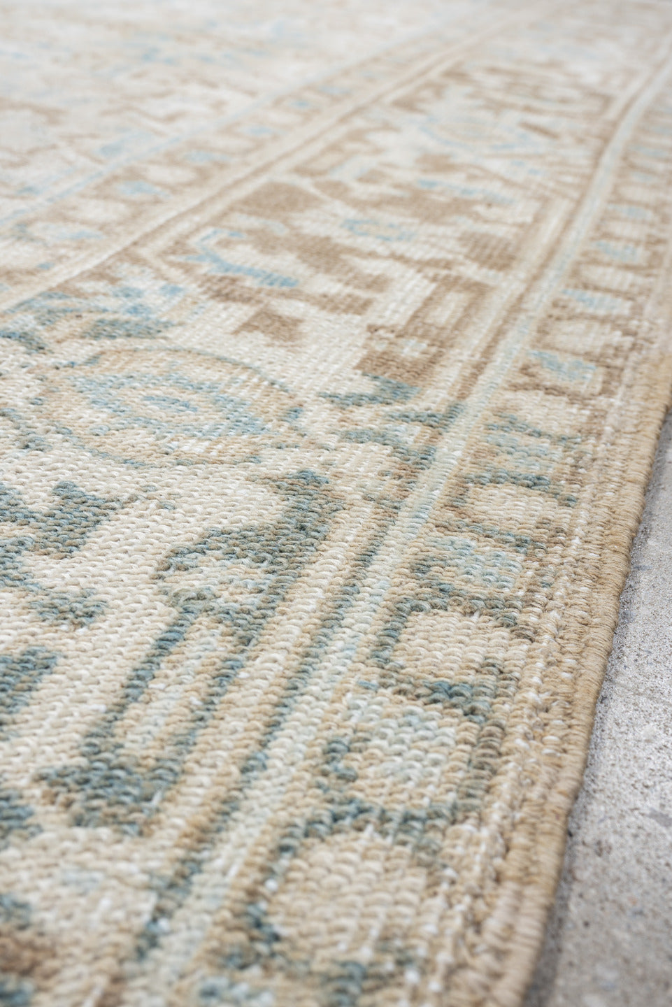 6' x 7' one-of-a-kind handmade vintage Heriz medium size rug. Color palette: ivory, taupe, sky blue, beige, camel