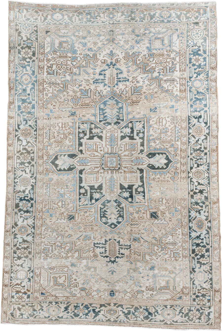 6' x 10' one-of-a-kind handmade antique Heriz large size rug. Color palette: ivory, sky blue, taupe, charcoal, beige, slate