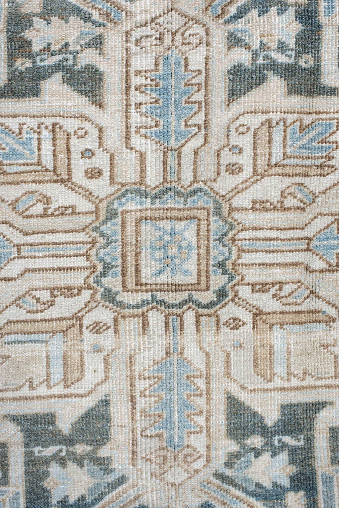 6' x 10' one-of-a-kind handmade antique Heriz large size rug. Color palette: ivory, sky blue, taupe, charcoal, beige, slate