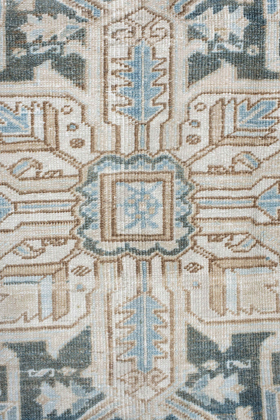 6' x 10' one-of-a-kind handmade antique Heriz large size rug. Color palette: ivory, sky blue, taupe, charcoal, beige, slate