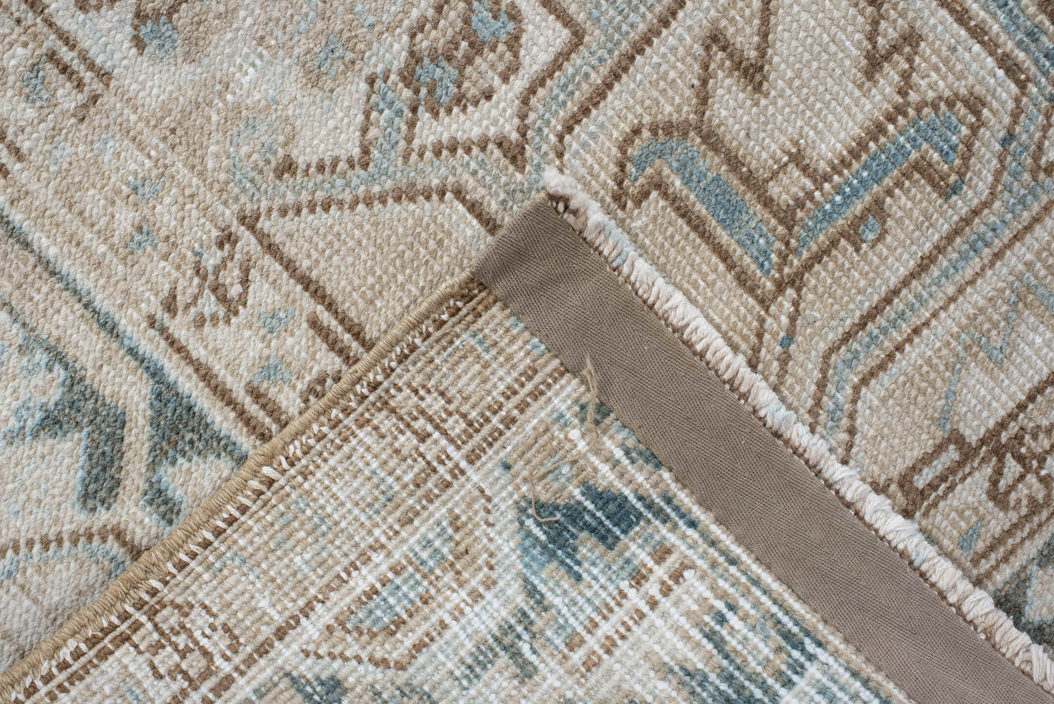 6' x 10' one-of-a-kind handmade antique Heriz large size rug. Color palette: ivory, sky blue, taupe, charcoal, beige, slate