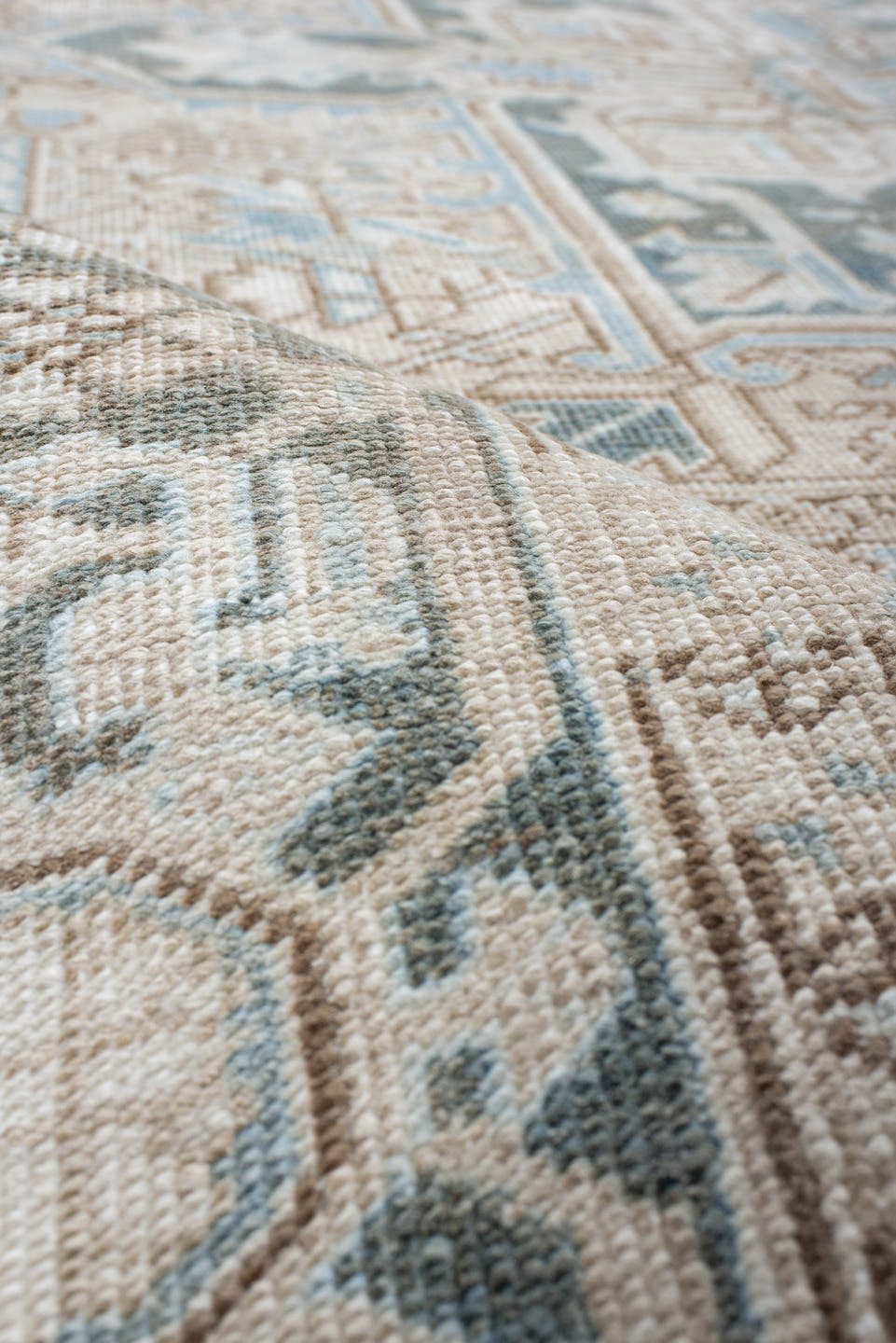 6' x 10' one-of-a-kind handmade antique Heriz large size rug. Color palette: ivory, sky blue, taupe, charcoal, beige, slate