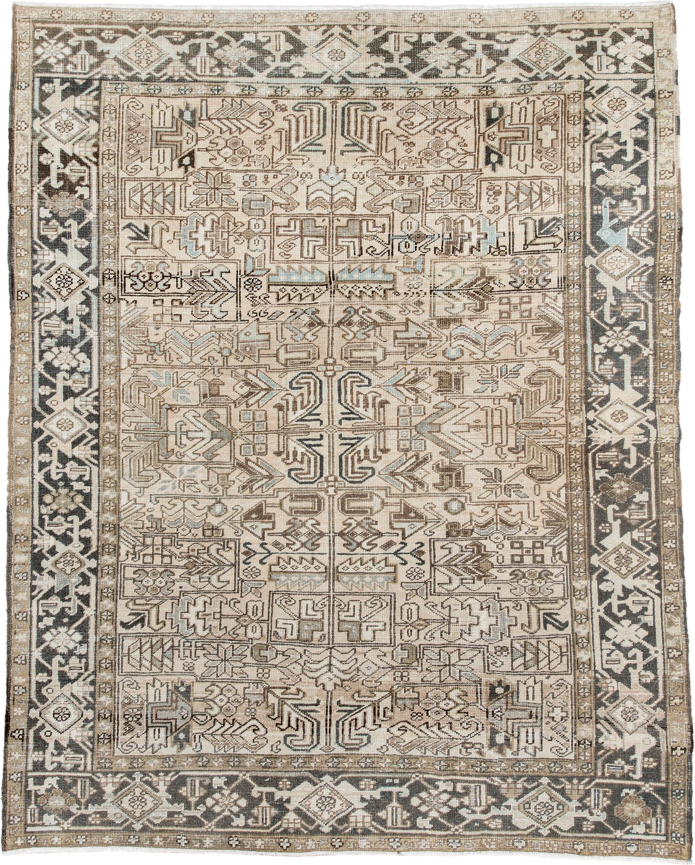 6' x 8' one-of-a-kind handmade antique Heriz medium size rug. Color palette: ivory, taupe, brown, charcoal, camel, slate
