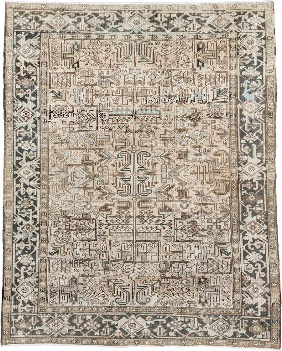 6' x 8' one-of-a-kind handmade antique Heriz medium size rug. Color palette: ivory, taupe, brown, charcoal, camel, slate