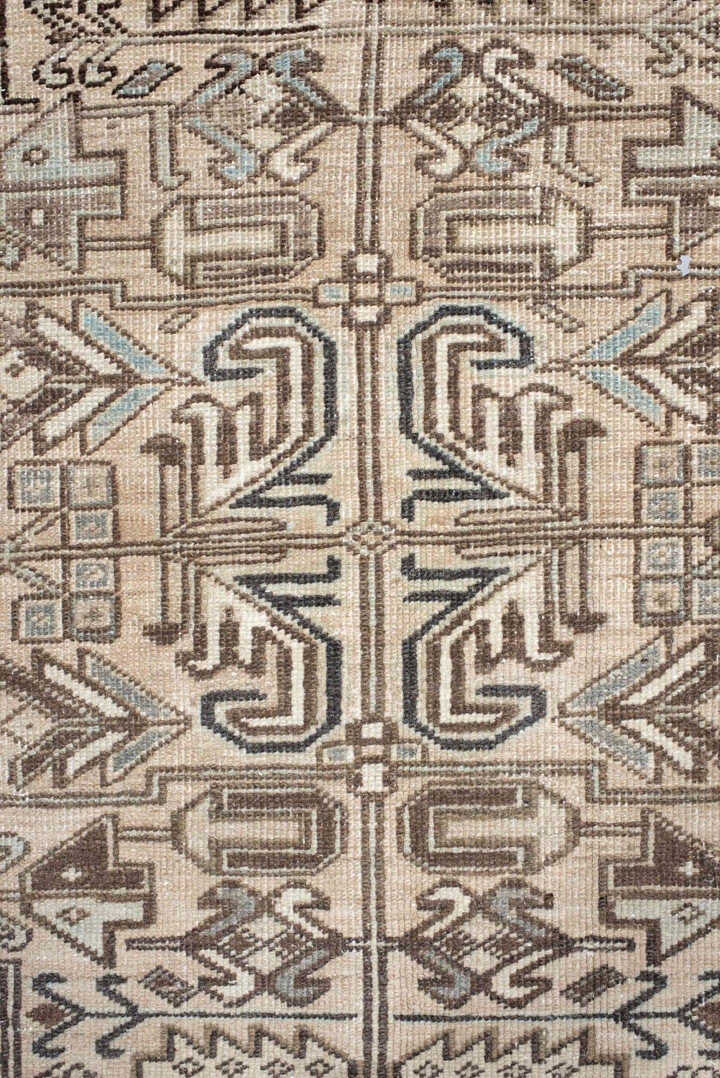 6' x 8' one-of-a-kind handmade antique Heriz medium size rug. Color palette: ivory, taupe, brown, charcoal, camel, slate