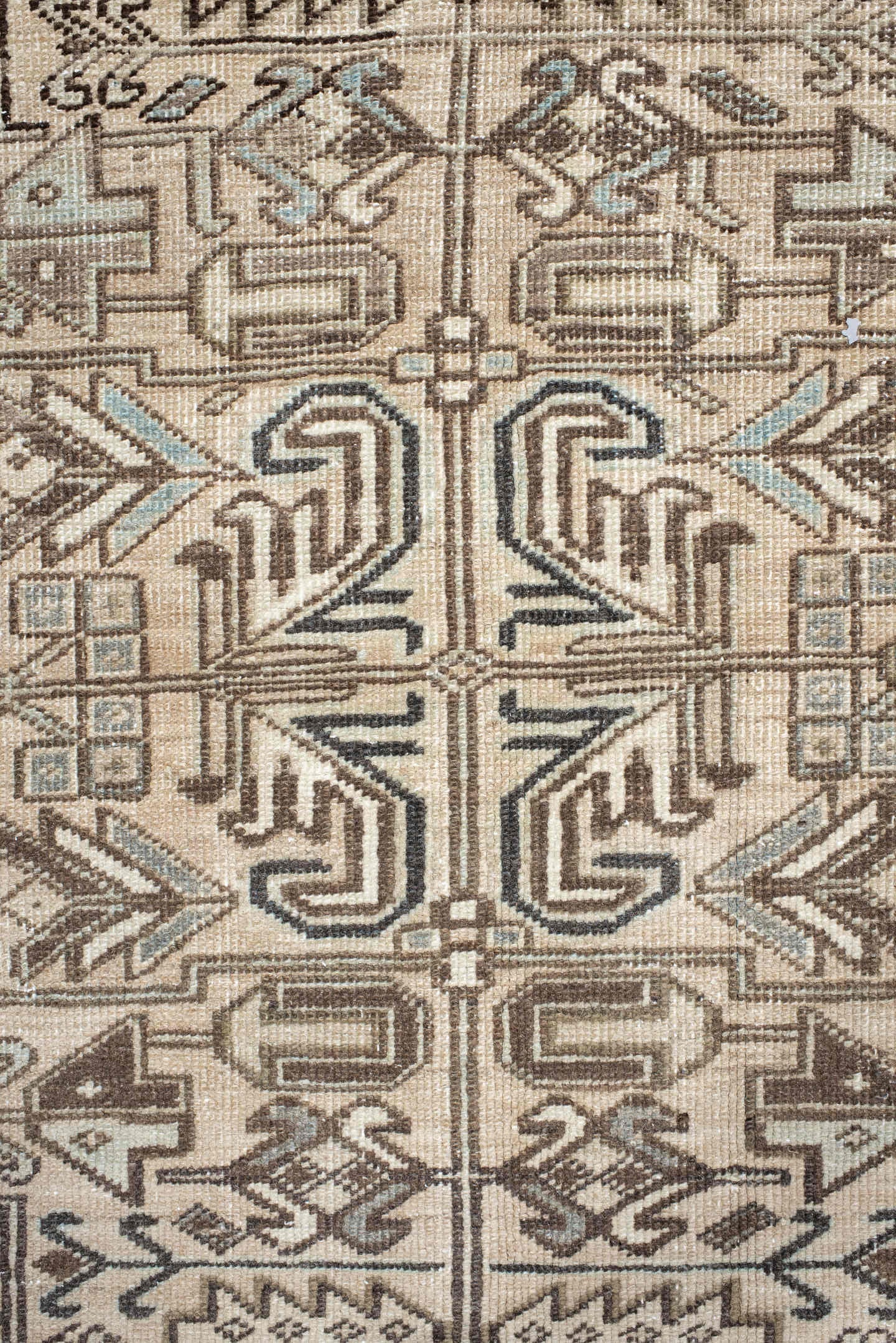 6' x 8' one-of-a-kind handmade antique Heriz medium size rug. Color palette: ivory, taupe, brown, charcoal, camel, slate
