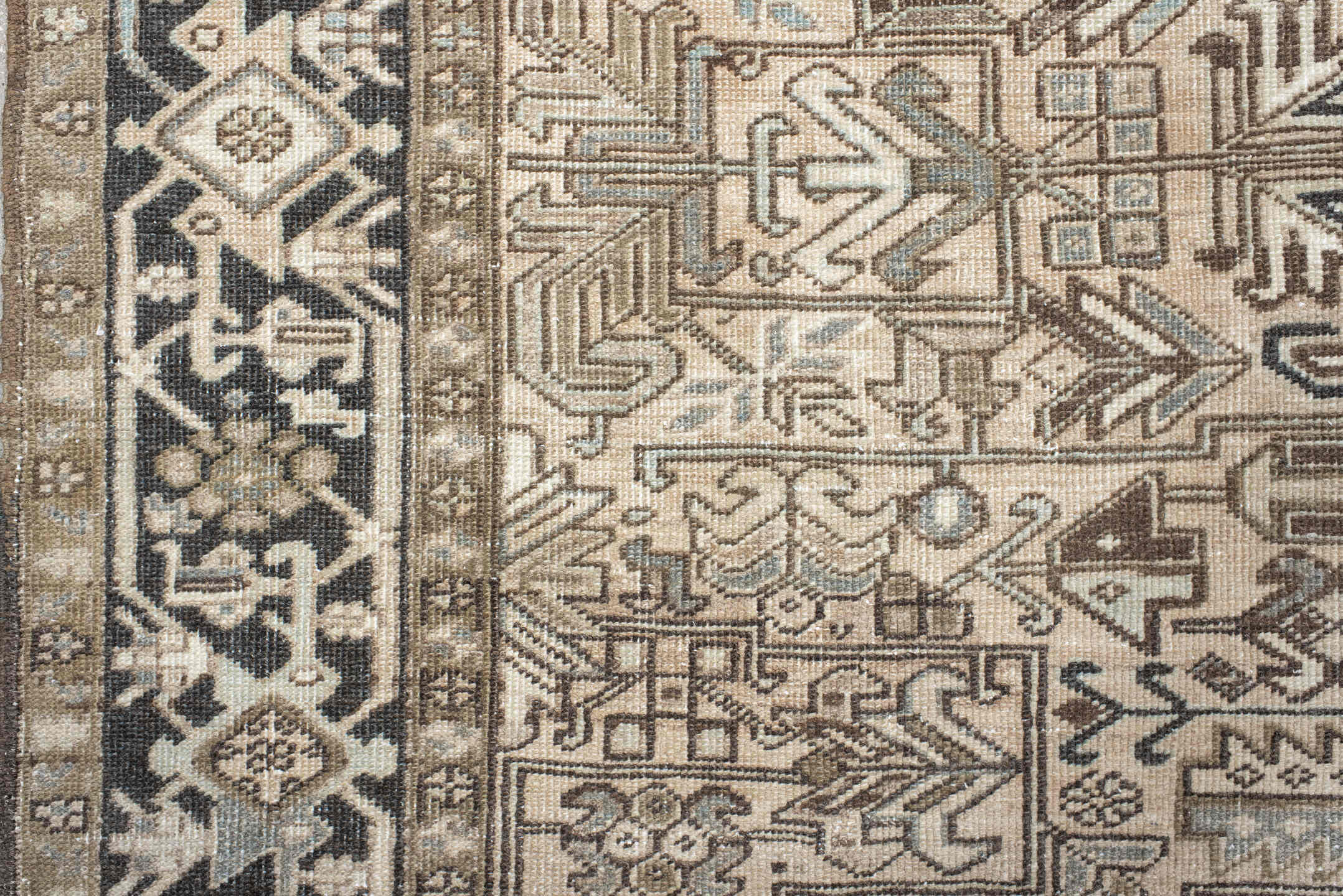 6' x 8' one-of-a-kind handmade antique Heriz medium size rug. Color palette: ivory, taupe, brown, charcoal, camel, slate