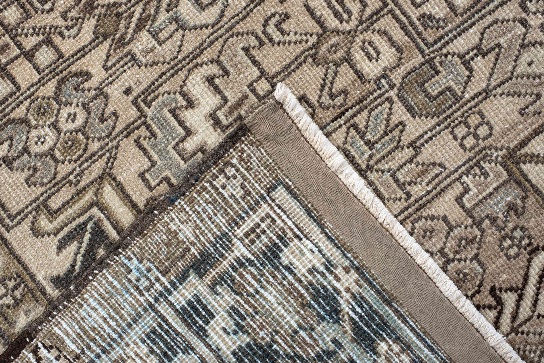 6' x 8' one-of-a-kind handmade antique Heriz medium size rug. Color palette: ivory, taupe, brown, charcoal, camel, slate