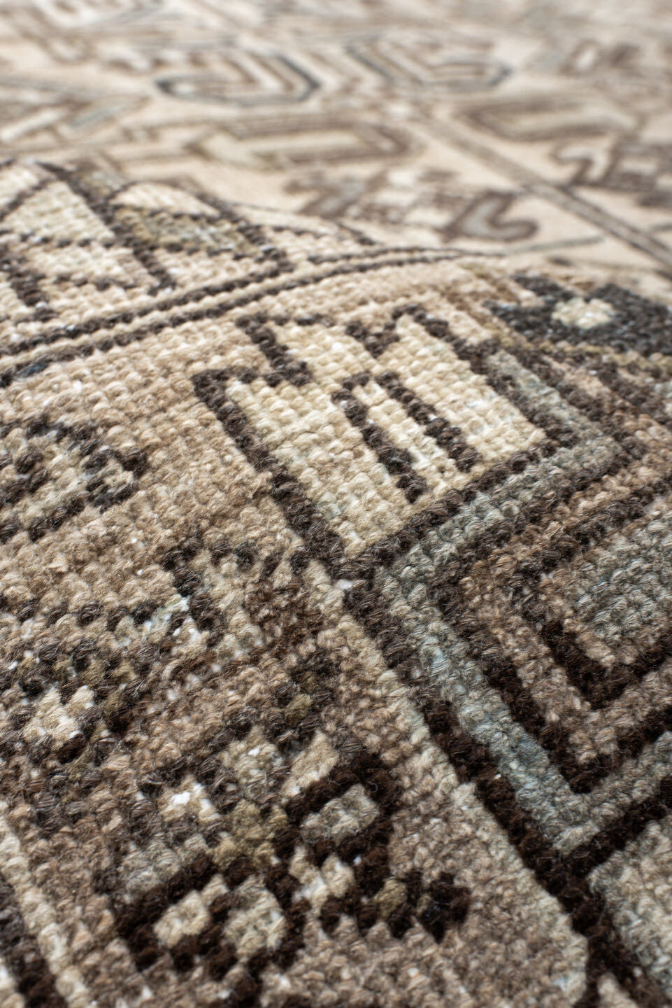 6' x 8' one-of-a-kind handmade antique Heriz medium size rug. Color palette: ivory, taupe, brown, charcoal, camel, slate