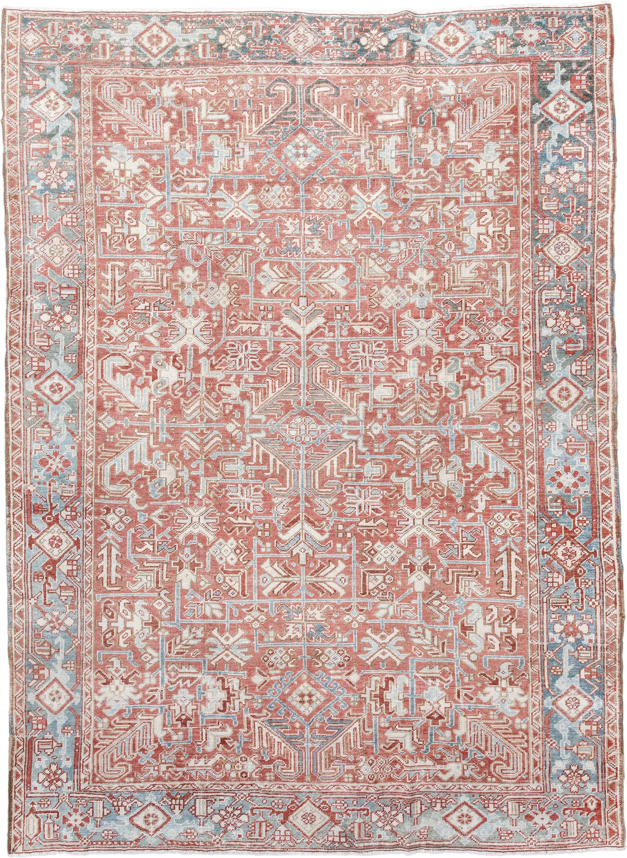 6' x 9' one-of-a-kind handmade vintage medium size rug. Color palette: coral, sky blue, ivory, rust, salmon, cream