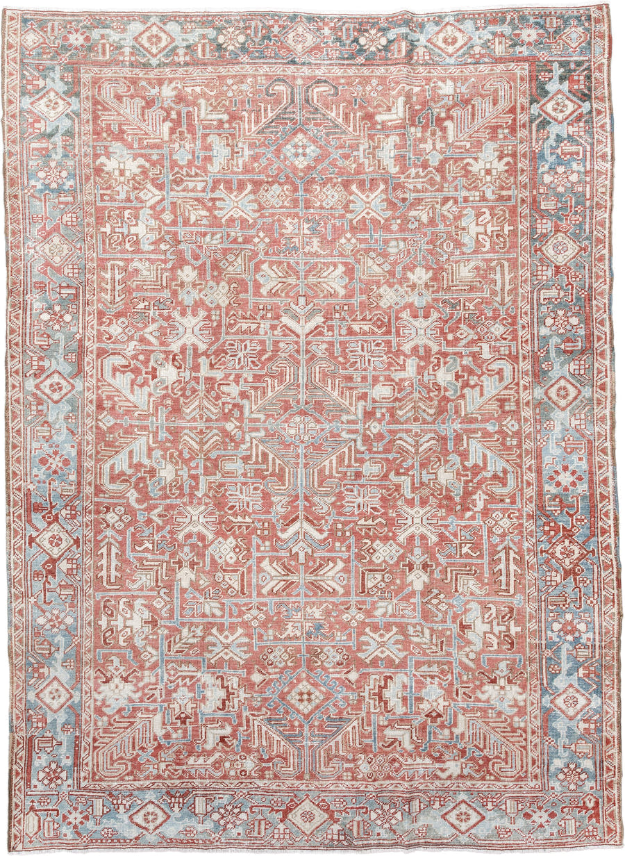 6' x 9' one-of-a-kind handmade vintage  medium size rug. Color palette: coral, sky blue, ivory, rust, salmon, cream