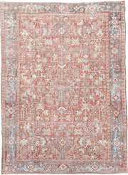 6' x 9' one-of-a-kind handmade vintage medium size rug. Color palette: coral, sky blue, ivory, rust, salmon, cream