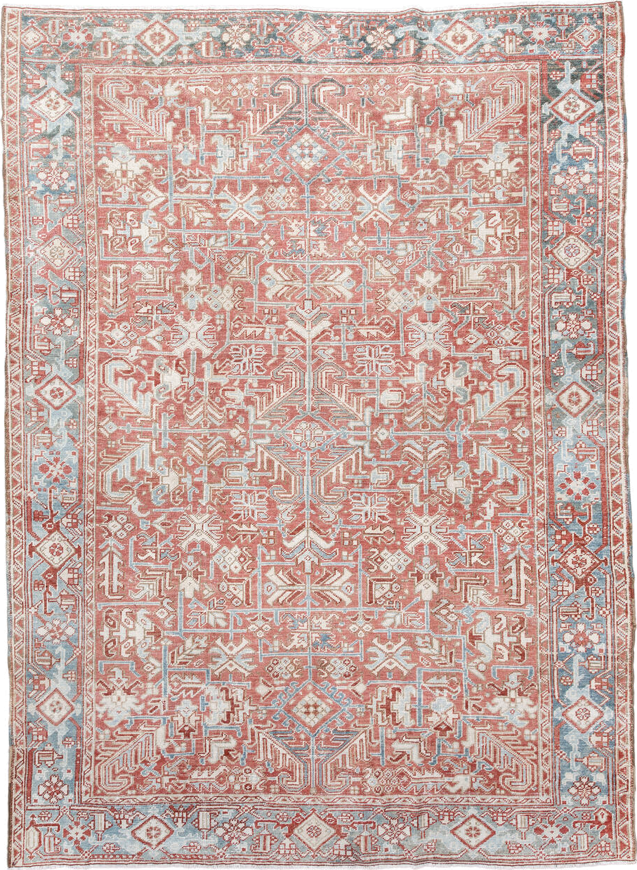 6' x 9' one-of-a-kind handmade vintage  medium size rug. Color palette: coral, sky blue, ivory, rust, salmon, cream