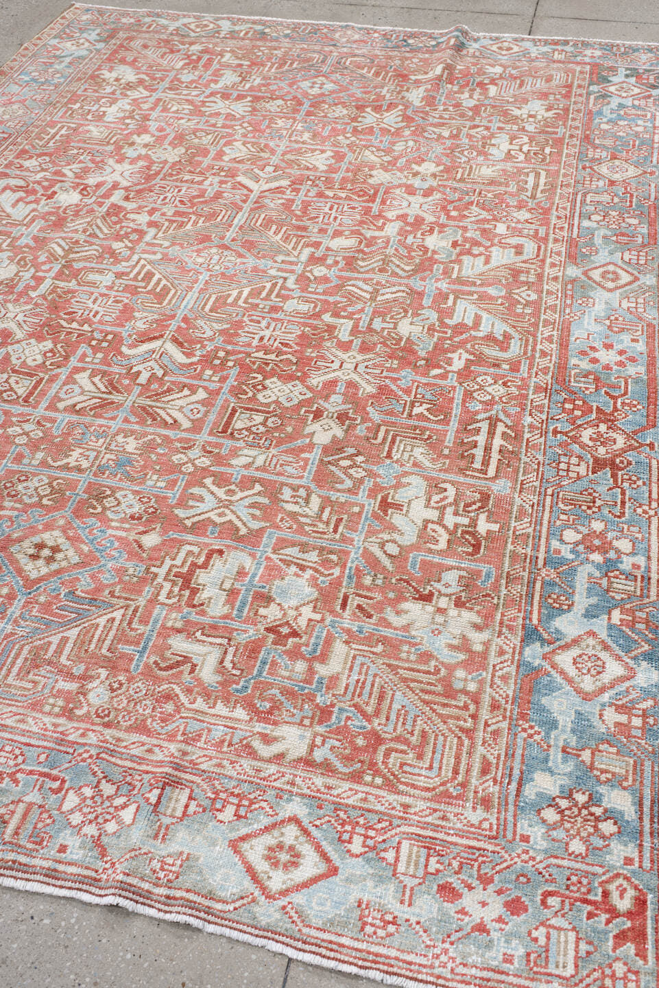 6' x 9' one-of-a-kind handmade vintage medium size rug. Color palette: coral, sky blue, ivory, rust, salmon, cream