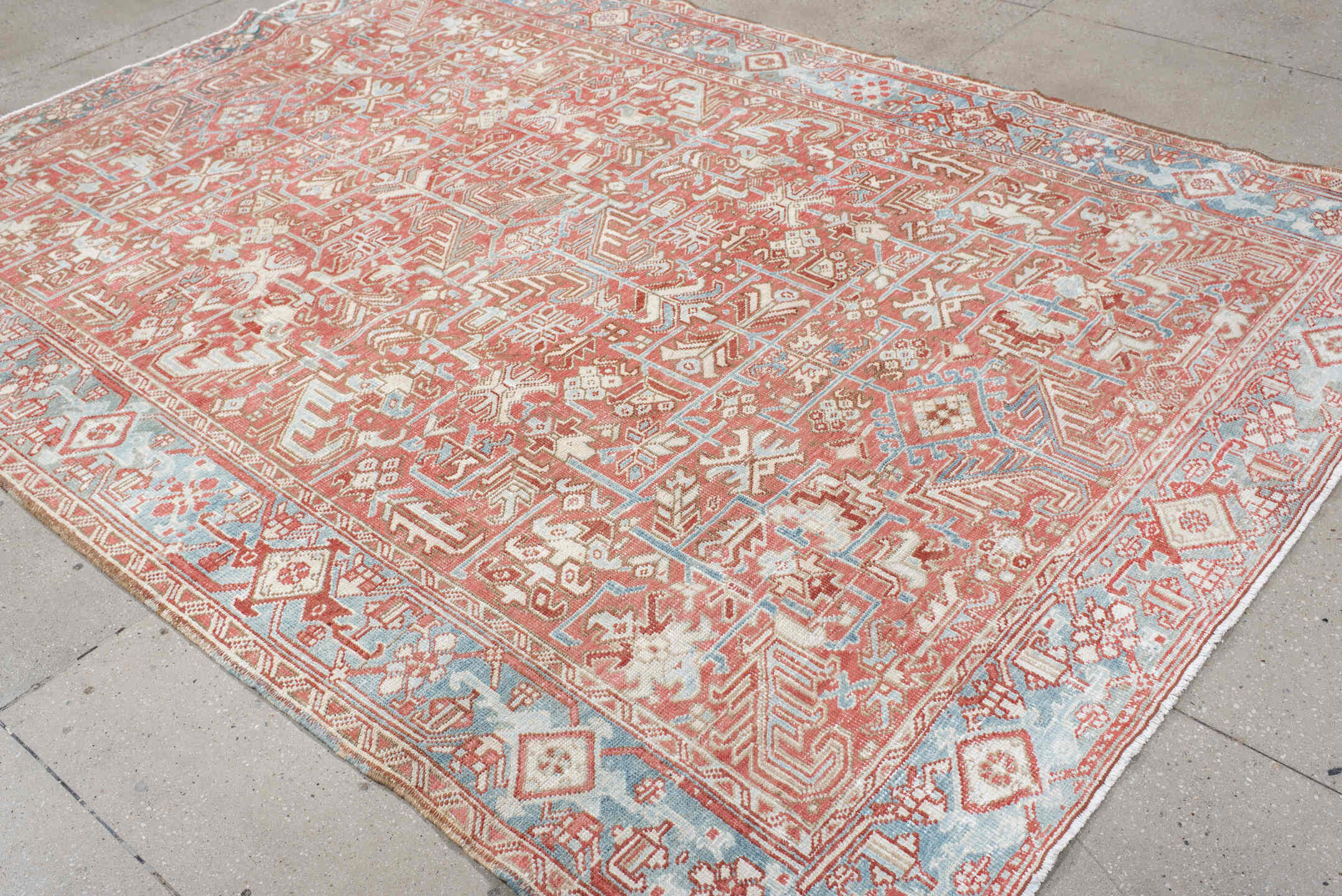 6' x 9' one-of-a-kind handmade vintage medium size rug. Color palette: coral, sky blue, ivory, rust, salmon, cream