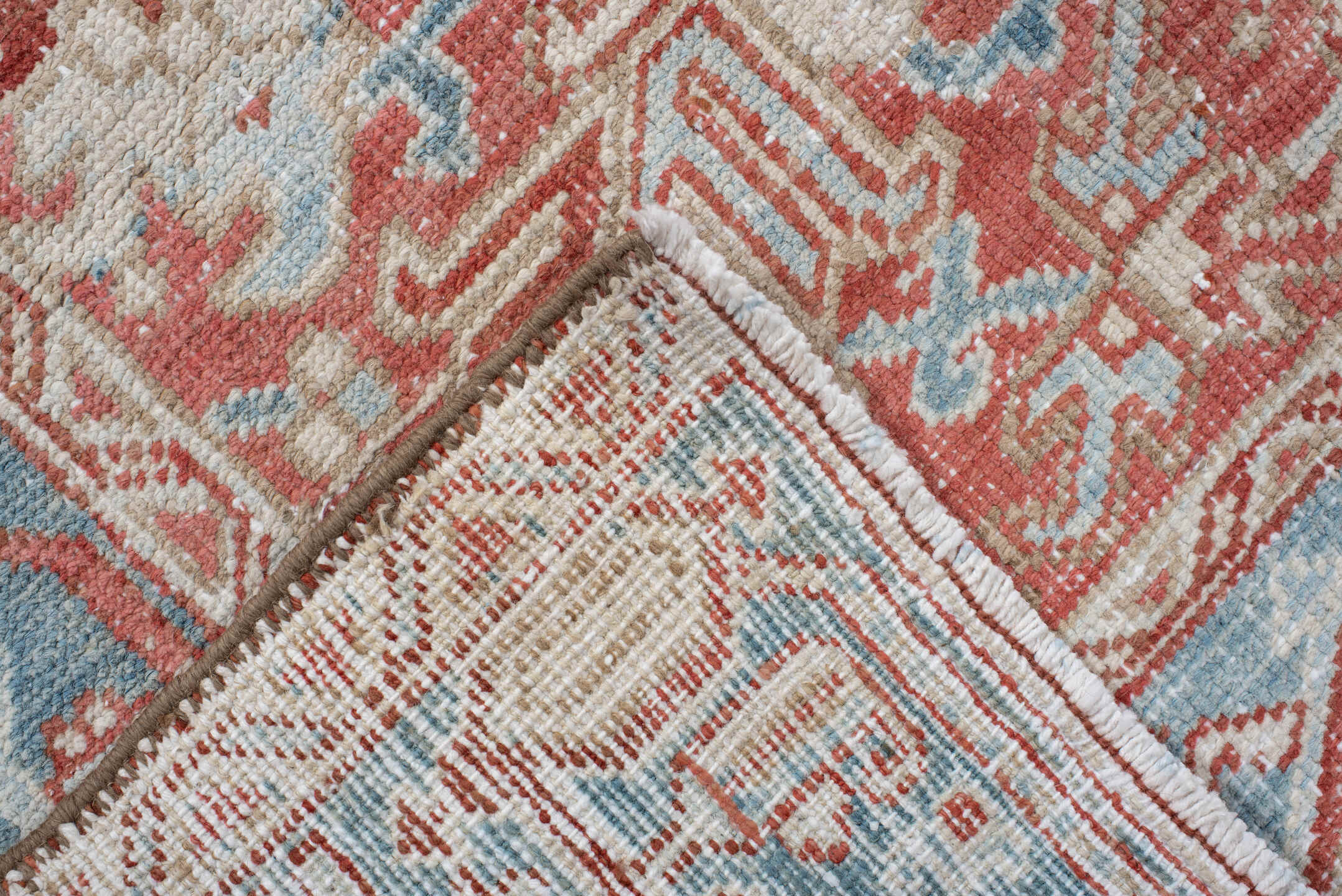 6' x 9' one-of-a-kind handmade vintage medium size rug. Color palette: coral, sky blue, ivory, rust, salmon, cream