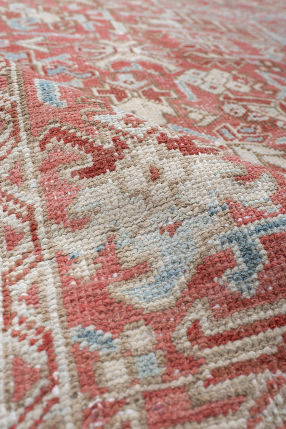 6' x 9' one-of-a-kind handmade vintage  medium size rug. Color palette: coral, sky blue, ivory, rust, salmon, cream