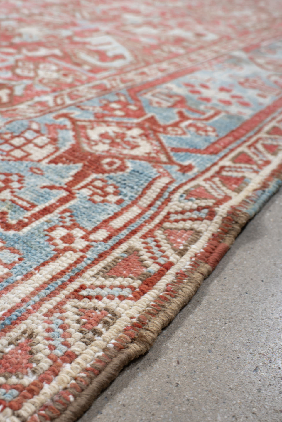 6' x 9' one-of-a-kind handmade vintage medium size rug. Color palette: coral, sky blue, ivory, rust, salmon, cream