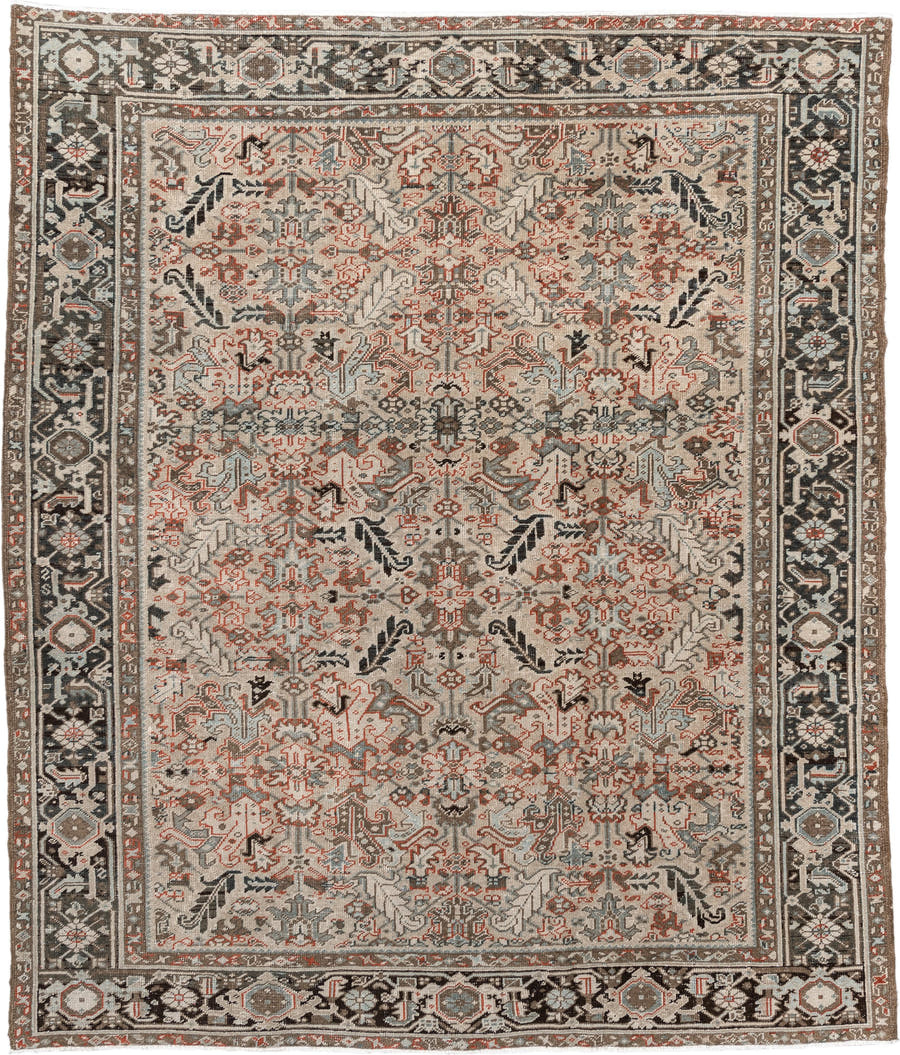 8' x 9' one-of-a-kind handmade vintage rug. Color palette: ivory, charcoal, slate, taupe, terracotta, brown, black, gray