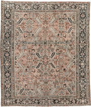8' x 9' one-of-a-kind handmade vintage rug. Color palette: ivory, charcoal, slate, taupe, terracotta, brown, black, gray