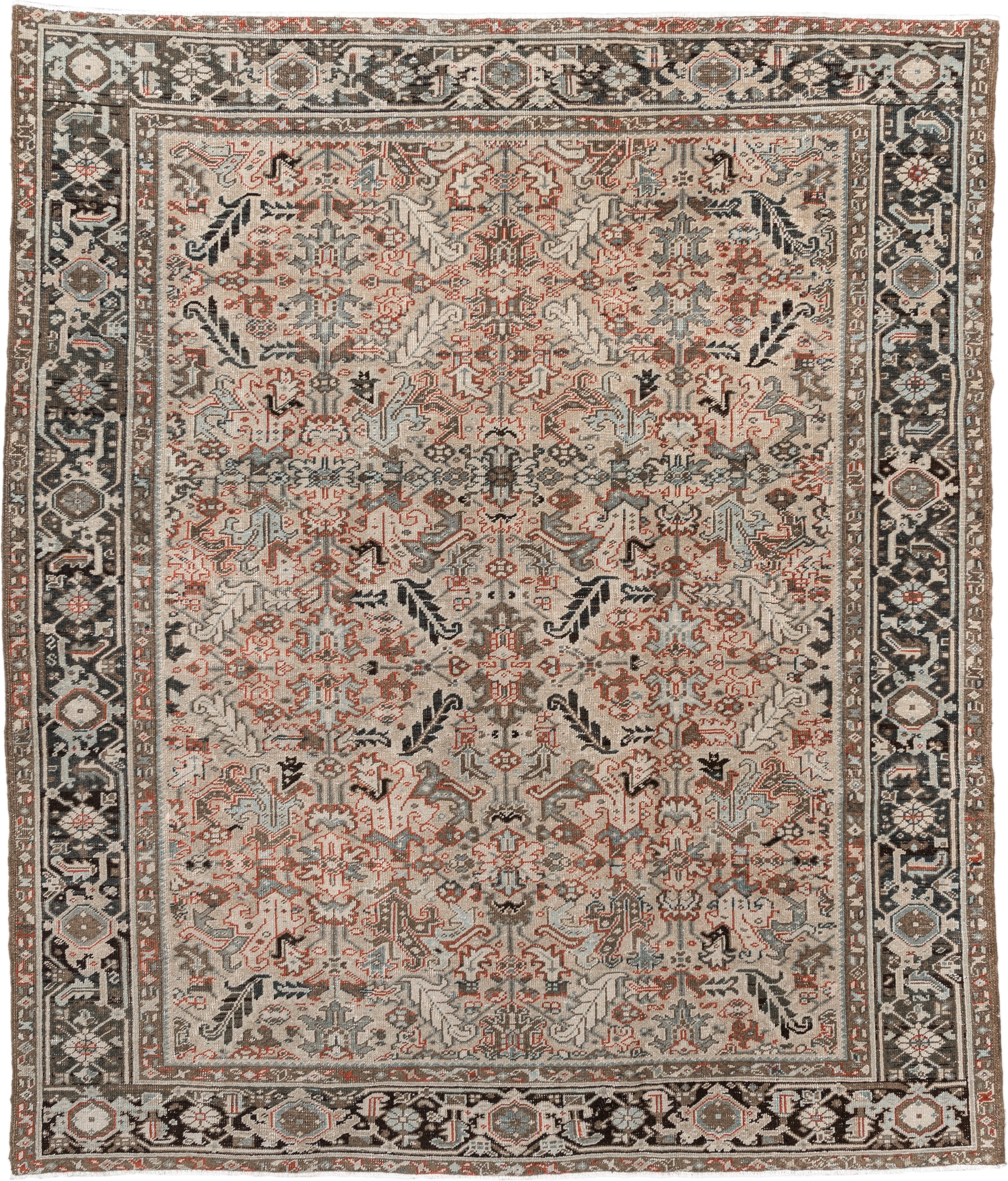 8' x 9' one-of-a-kind handmade vintage rug. Color palette: ivory, charcoal, slate, taupe, terracotta, brown, black, gray