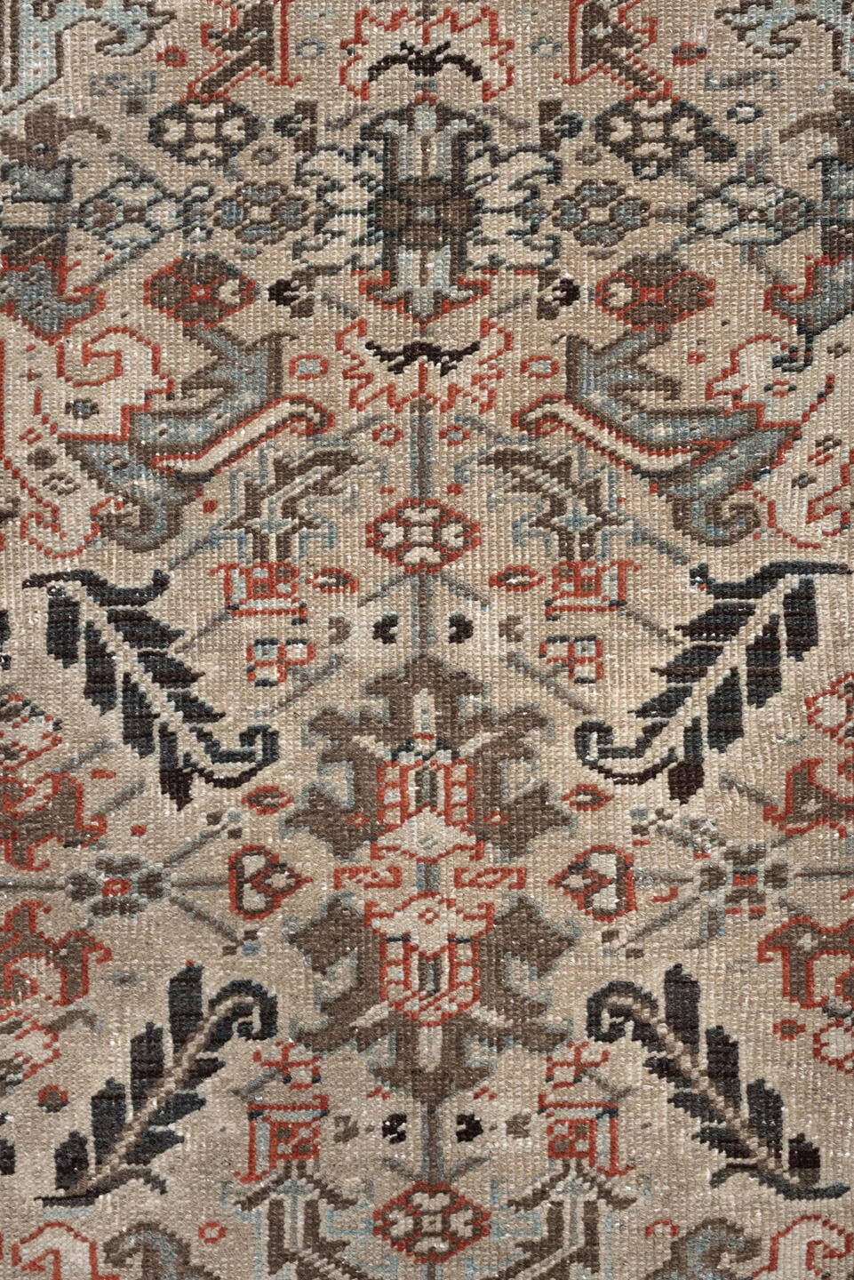 8' x 9' one-of-a-kind handmade vintage rug. Color palette: ivory, charcoal, slate, taupe, terracotta, brown, black, gray