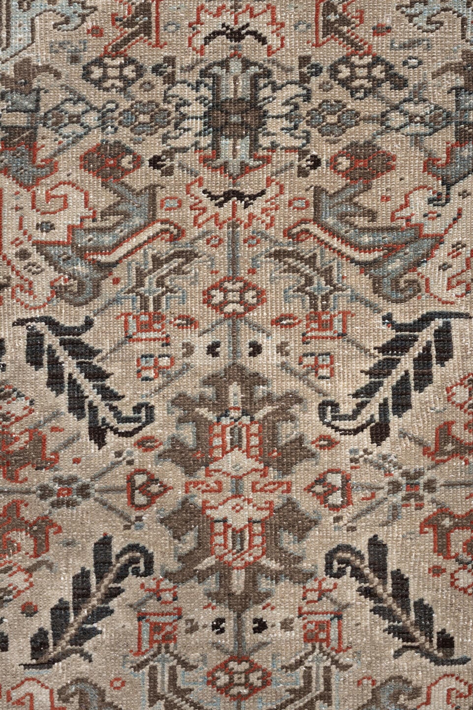 8' x 9' one-of-a-kind handmade vintage rug. Color palette: ivory, charcoal, slate, taupe, terracotta, brown, black, gray