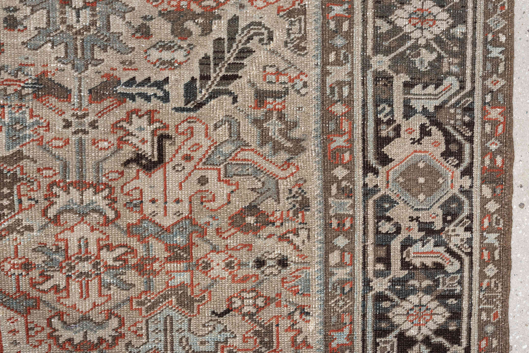 8' x 9' one-of-a-kind handmade vintage rug. Color palette: ivory, charcoal, slate, taupe, terracotta, brown, black, gray